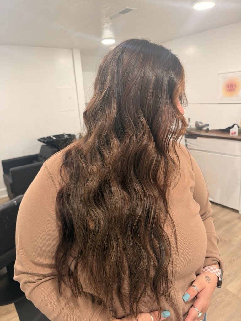 Long brunette waves — color and extensions